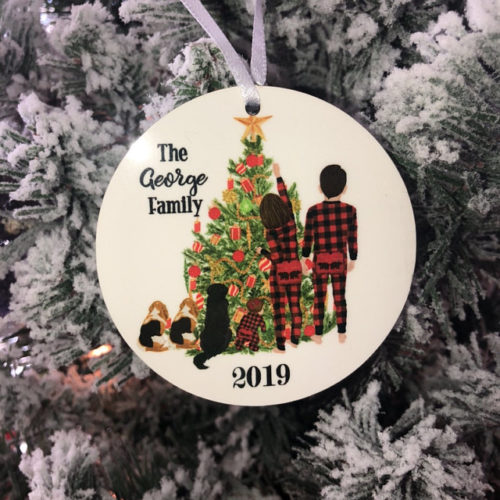 Personalized family Christmas ornament, kids, baby, with pets, plaid pajamas photo review