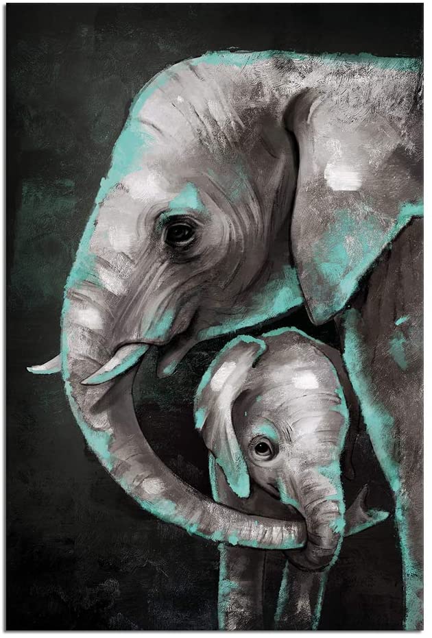 LevvArts Modern Teal and Black Baby Elephant and Mom Wall