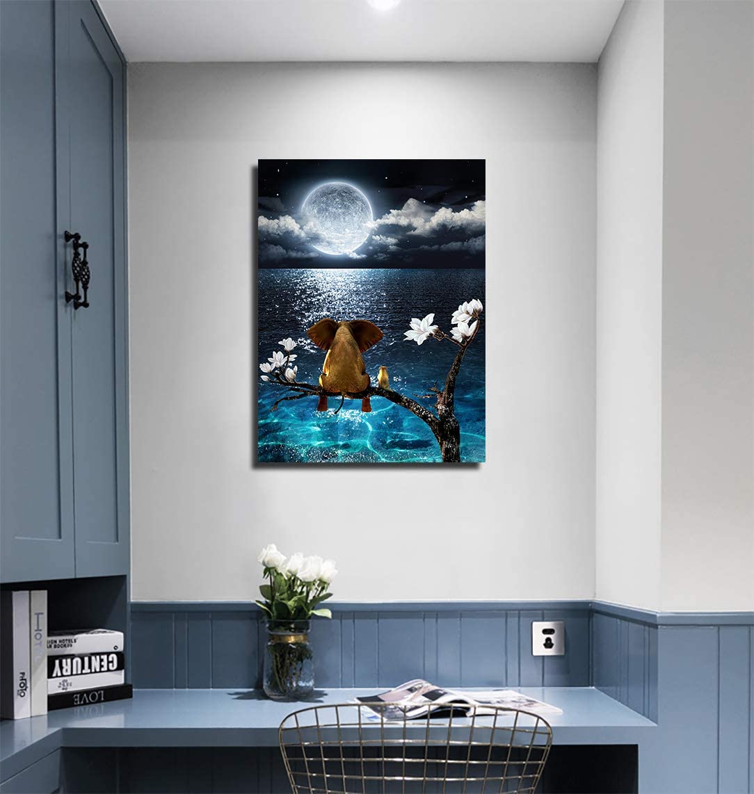 Canvas Wall Art Blue Ocean sea Animal Resting Elephant Look Moon Framed ...