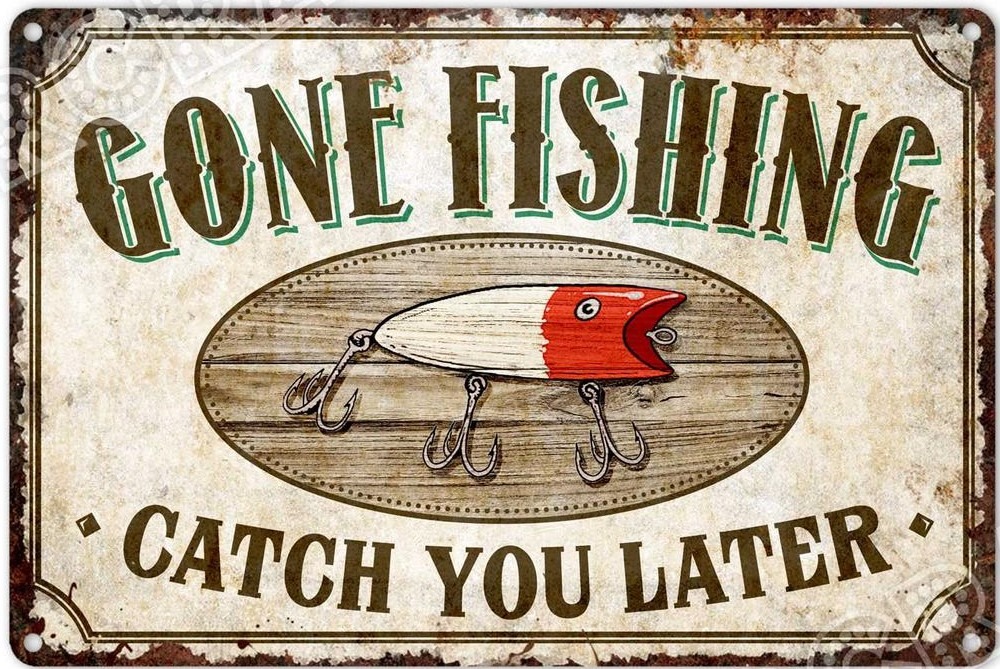 GONE FISHING Vintage Style Wooden Sign. Handmade Retro Home Gift