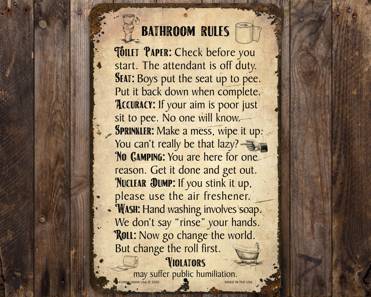 Bathroom Rules Antique - Style Funny Metal Sign - Allhap